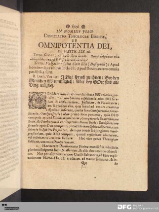 Disputatio Theologiae Biblicae, De Omnipotentia Dei.