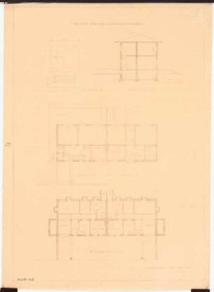 Zweifamilienhaus Monatskonkurrenz Februar 1930: Lageplan 1:500; Grundriss Keller, (je halber) Grundriss Erdgeschoss und Obergeschoss, Längsschnitt 1:100