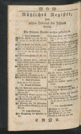 Nützliches Register, zum rechten Gebrauch des Psalters dienlich.
