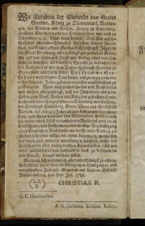 Wir Christian der Siebende von Gottes Gnaden, König zu Dännemark,[...]