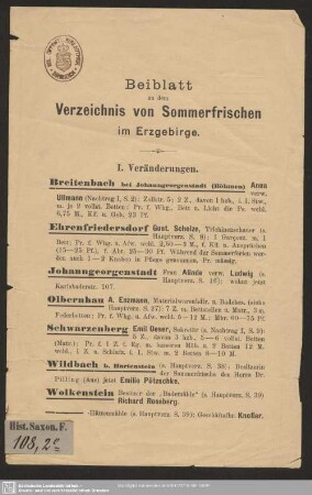 1891,Beibl.: Verzeichnis von Sommerfrischen im Erzgebirge