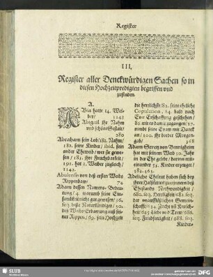 III. Register aller Denckwürdigen Sachen so in diesen Hochzeitpredigten begriffen und zufinden