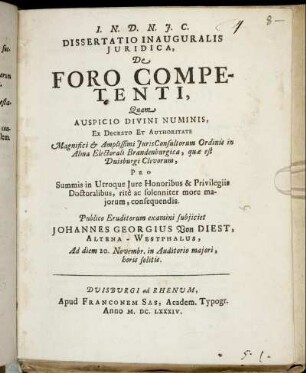 Dissertatio Inauguralis Iuridica, De Foro Competenti