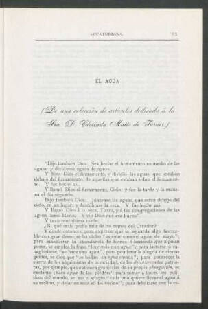 El agua : (De una colección de artículos dedicada a la Sra. D. Clorinda Matte de Turner)