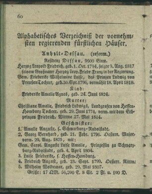Alphabetisches Verzeichniß der vornehmsten regierenden fürstlichen Häuser