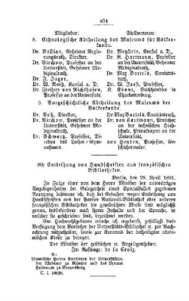 Entleihung von Handschriften aus französischen Bibliotheken : [C. Akademien, Museen etc.]