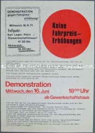 Hektografiertes Propagandaflugblatt einer Bürgerinitiative gegen die Erhöhung der Fahrpreise in Hamburg