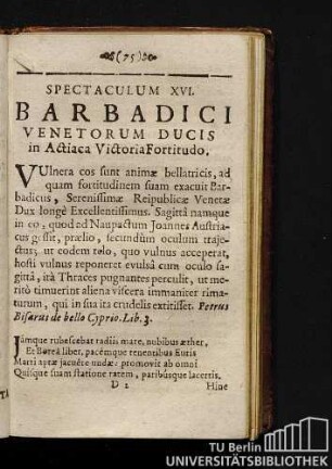 Spectaculum XVI. Barbadici Venetorum Ducis in Actiaca Victoria Fortitudo.