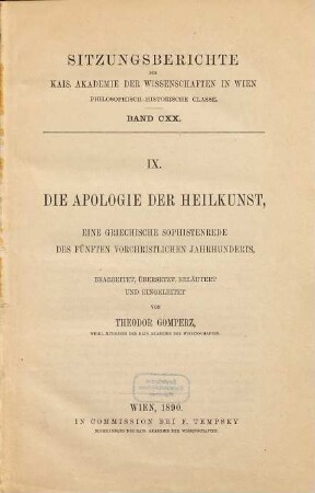 Die Apologie der Heilkunst : eine griechische Sophistenrede des fünften vorchristlichen Jahrhunderts