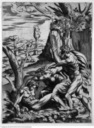 Adam und Eva beklagen den Tod Abels (im Hintergrund: Kain erschlägt Abel)