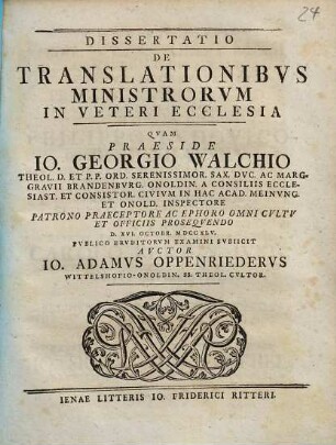 Dissertatio De Translationibvs Ministrorvm In Veteri Ecclesia