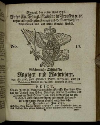 No. 15. Montags, den 10ten April 1752.