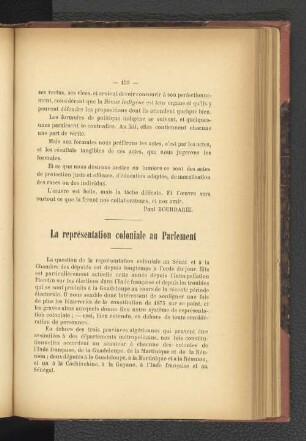 La représentation coloniale au Parlement.