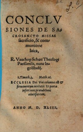 Conclvsiones De Sacrosancto Missae sacrificio, & communione lacia