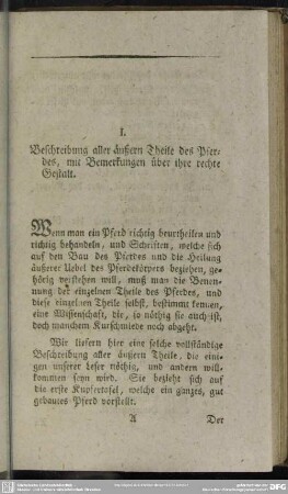 I. Beschreibung aller äußern Theile des Pferdes, mit Bemerkungen über ihre rechte Gestalt