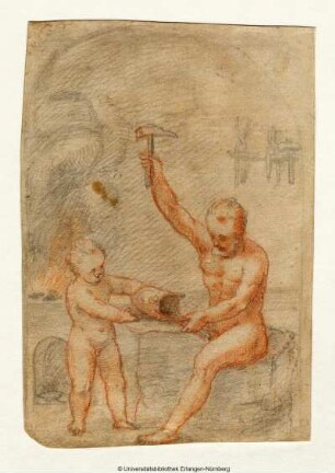 Hephästos , in seiner Werkstatt nackt auf einem Steinblock sitzend, schmiedet einen Helm, den er mit einer Zange hält. Links ein nackter Putto als Gehilfe