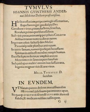 Tumulus Ioannis Guintherii Andernaci Medicinae Doctoris praestantißimi.