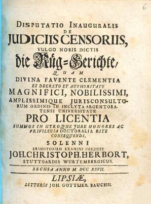 Disputatio Inauguralis De Judiciis Censoriis, Vulgo Nobis Dictis die Rüg-Gerichte