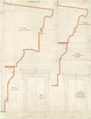 Gärtner, Friedrich von; Athen (Griechenland); Königliche Residenz (Athener Schloss) - Fenster 1. OG (Aufriss); Fenster EG u. 2. OG (Aufriss); Verdachung 1. OG u. 2. OG (Details) Verkleidung EG (Detail); Verkleidung EG u. 2. OG (Detail)