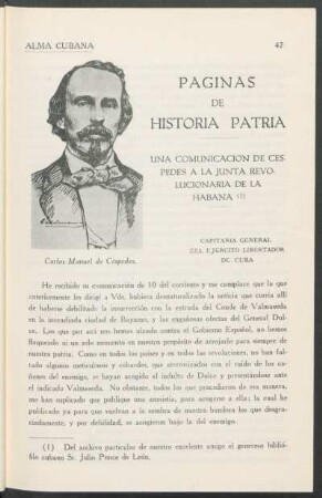 Páginas de Historia Patria - Una Comunicación de Céspedes a la junta revolucionaria de la Habana