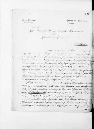 Gesuch des Ingenieurs Carl Pieper um Kopien der Völterschen Patentschriften von 1846