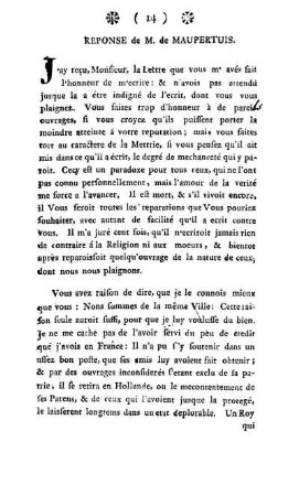 Reponse de M. de Maupertuis