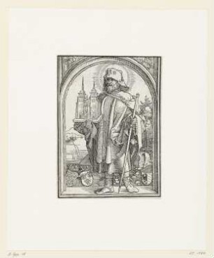 Heiliger Sebald, Titelholzschnitt aus: Die hystori des lebens, sterbens vnd wunderwerck des heyligen Peichtigers vnd grossen nothelffer Sant Sebalds, Nürnberg 1514, S. A1 verso
