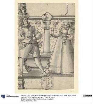 Ein Krieger und seine Hausfrau mit je einem Pokal in der Hand, untern Wappen mit C H ,dazwischen Hammer