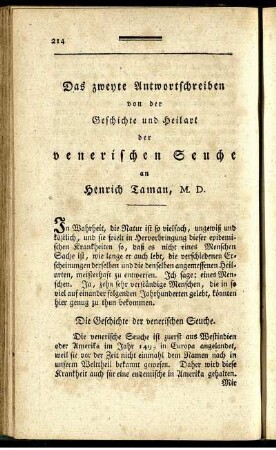 Das zweyte Antwortschreiben von der Geschichte und Heilart der venerischen Seuche an Henrich Taman, M.D.