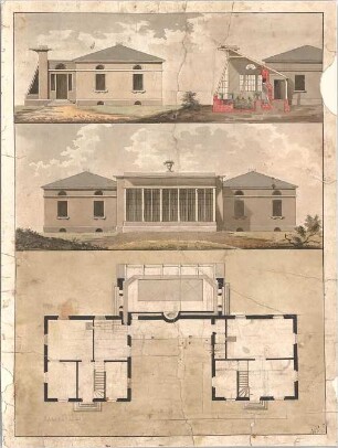 Voit, Johann Michael; Landhaus mit Orangerie - Grundriss, Ansichten, Querschnitt