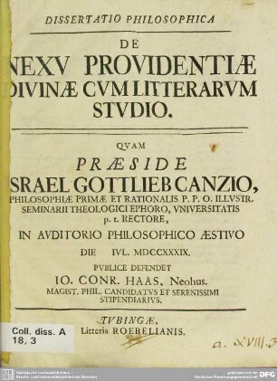 Dissertatio Philosophica De Nexu Providentiae Divinae Cum Litterarum Studio