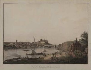 Ansicht von Meißen an der Elbe, Stich, 1805 : Hammer, Christian Gottlob : Vue de Meissen sur l'Elbe du côté de l'orient / C. G. Hammer fec. - Dresden , 1805. - 1 Kunstblatt : altcolor. Stich ; 63 x 46 cm & Vue de Meissen sur l'Elbe du côté de l'orient / C. G. Hammer fec. - Dresden , 1805. - 1 Kunstblatt : altcolor. Stich ; 63 x 46 cm
