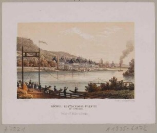 Schloss Pillnitz bei Dresden von Nordwesten über die Elbe mit Fähranleger gesehen