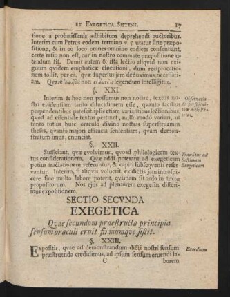 Sectio Secunda Exegetica Quae secundum praestructa principia sensum oraculi eruit firmumque sistit.