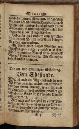 Die ein und zwantzigste Abtheilung, Vom Ehestande. - Die zwey und zwantzigste Abtheilung, Vom ehrbarn und redlichen Mann.