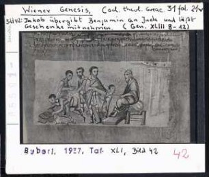 Wiener Genesis (Wien, Cod. theol. graec. 31), fol. 21v: Jakob übergibt Benjamin an Juda