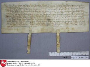 Johann Frese und sein Sohn Claus, Knappen, lassen um seiner treuen Dienste willen den Eigenen Herger Stubbemann frei. Ausfertigung Pergament, 27 x 9,5 cm. - Rep. 3 Lilienthal, Nr. 259. - 2 Siegel angehängt, fehlen. Wy Johan Vreze, Clawes sone, unde Clawes, des zulven Johannes sone, knapen, bekennet unde bethuget openbare in dessen breve,/ dat wy myt willen unde myt vulbord aller unzer rechten erven hebbet vryg unde quid ghelaten unde gheven unde latet unde ghevet/ vryg unde quid in dessem breve unzen eghenen man Hergere Stubbemanne unde alle, dat van eme komen mach, van alleme/ eghendome, denste unde plicht, dar he uns an to horde, umme anname unde truwes denstes willen, dat de zulve Herger uns/ heft ghedan. Unde wy unde unze erven hebbet vorteghen unde vortyet in dessem breve alles eghendomes, denstes, rechtes unde/ ansprake, de wy an en hebbet ghehat unde mer an en hebben mochten. Unde wy en scholet noch en willet den zulven Hergere/ unde alle, dat van eme kommen mach, unde ere ghud van eghendomes weghenne number mer anclaghen noch anspreken, men/ [se] scholet bruken aller vryheyt unde rechtes, der vrye lude to brukene pleghet. Unde wy Johan Vreze unde Clawes, zyn sone/ vorescreven, scholet unde willet unde unze erven den vorbenompden Hergere unde alle den ghennen, de van eme komen moghet, desser/ vryheit rechte warende wezen, wanne, wor unde wo dicke en des nod is unde se dat van uns eschet. Alle desse vorscreven/ stucke love wy Johan unde Clawes Vreze vorenompt an guden truwen myt zamender hant vor uns unde vor unze erven unde/ vor alle man stede vast to holdene unde unvorbroken ane jenigherleye weddersprake, hulperede unde arghelist. Unde hebbet/ des tho tughe unze inghezeghele witliken unde myt willen ghehanghen to dessen breve. Datum anno domini Mo CCCo LXXXo/ sexto, ipso die beatorum Symonis et Jude apostolorum.
