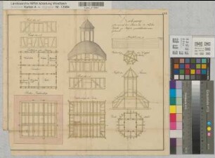 Siegen (Siegen) Nikolaikirche Turmgebäude Grundrisse, Schnitte, Balkenlagen 1827 20 rh. Fuß = 8,4 cm 37 x 42 kol. Zeichnung Bauinspektion Siegen Nr. 60