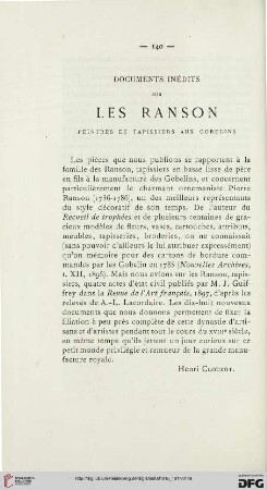Documents inédits sur les Ranson peintres et tapissiers aux gobelins