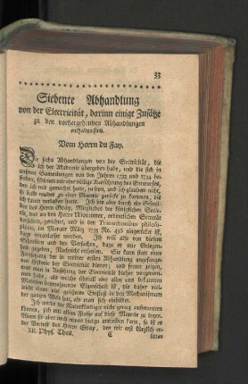 Siebente Abhandlung von der Electricität, darinn einige Zusätze zu den vorhergehenden Abhandlungen enthalten sind.