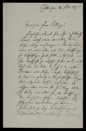 Nr. 3 Brief von Ludwig Weiland an Edward Schröder. Göttingen, 16.7.1889
