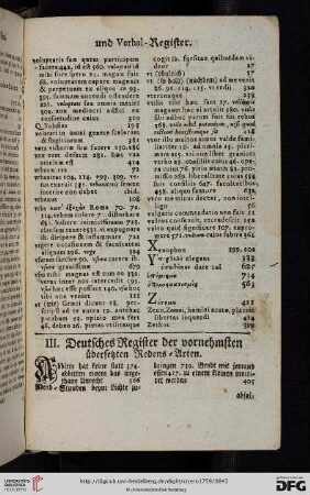 III. Deutsches Register der vornehmsten uebersetzten Redens = Arten