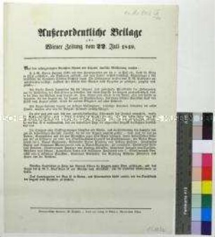 Außerordentliche Beilage zur Wiener Zeitung vom 22. Juli 1849, darin: Bericht über Einnahme von Pest