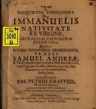 Disquisitio theol. de Immanuelis nativitate ex virgine, secundum vaticinium Jesaiae, VII, 14