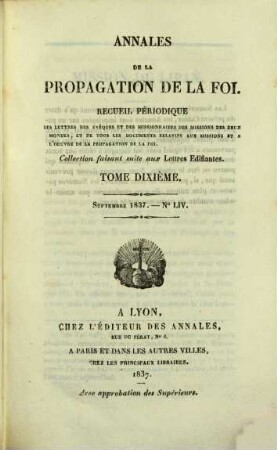 Annales de la propagation de la foi : recueil périodique de l'Association de la Propagation de la Foi. 10. 1838