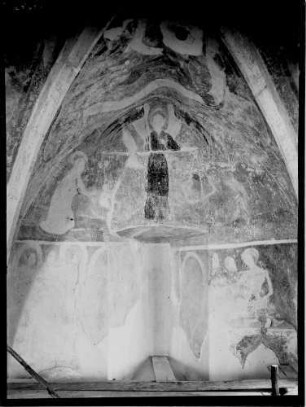 Heddesbach Evangelischen Peterskirche Wandmalerei im Chor an der Nordwand, unten ungläubiger Thomas und Christus, oben Seelenwägung (15. Jahrhundert)