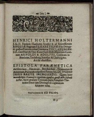 "Epistola Paraenetica Ad filios suos [...]" und "Alia [...] Epistola ad Filium Bernhardum [...]