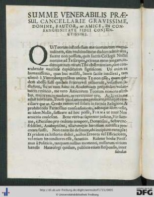 Summe Venerabilis Praesul Cancellarie Gravissime, Domine, Fautor, ac Amice, In Consanguinitate Fidei Conjunctissime.