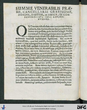 Summe Venerabilis Praesul Cancellarie Gravissime, Domine, Fautor, ac Amice, In Consanguinitate Fidei Conjunctissime.