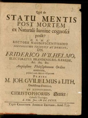 Quid de Statu Mentis Post Mortem ex Naturali lumine cognosci possit?